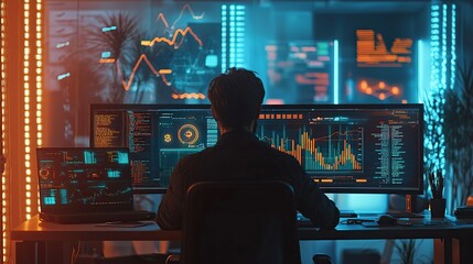 Exploring blockchain technology through digital interface at a modern workspace