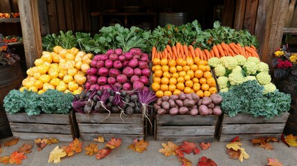 A vibrant assortment of fresh vegetables includes yellow squash, purple and red potatoes, carrots, and green leafy vegetables, set outside a rustic wooden market stand.