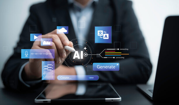 Businessman interacting with AI content generation tools for text, audio, and video creation. AI technology, automation, and smart media tools
