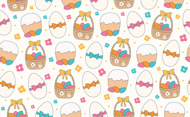 Modern Easter seamless pattern with egg, spring flowers, basket, bow. Happy Easter pattern in flat style for background, kids textiles, posters, banners, greeting cards. Vector illustration.