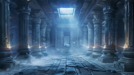 A mysterious, ancient hall with pillars and a light shining from above.