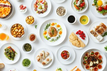 Variety of nutritious foods arranged on a white table top view