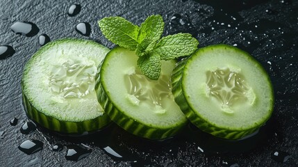 Freshly sliced cucumber rounds are displayed on a dark stone surface, garnished with mint leaves, showcasing their vibrant green color and water droplets.