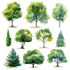 Set of watercolor green tree isolated on white background for landscape and architecture drawing, elements for environment and garden, botanical for section in spring. Watercolor trees collection
