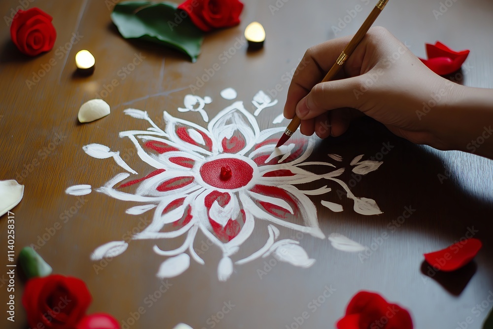 Aufkleber a minimalist representation of a woman drawing a rangoli with just her hand and simple patterns in v