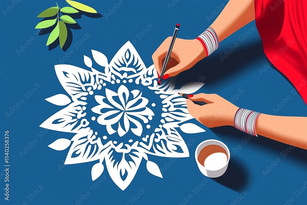 Poster A minimalist representation of a woman drawing a rangoli with just her hand and simple patterns in view.