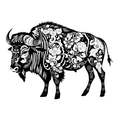 Fototapeta premium Ornate Bison: A detailed line art illustration of a bison, featuring intricate floral and geometric patterns, adding a touch of elegance and complexity to the animal's silhouette. 