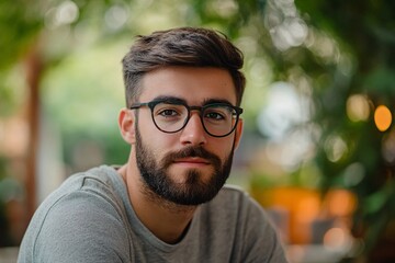 Fototapeta premium Portrait of confident young man wearing glasses in outdoor setting