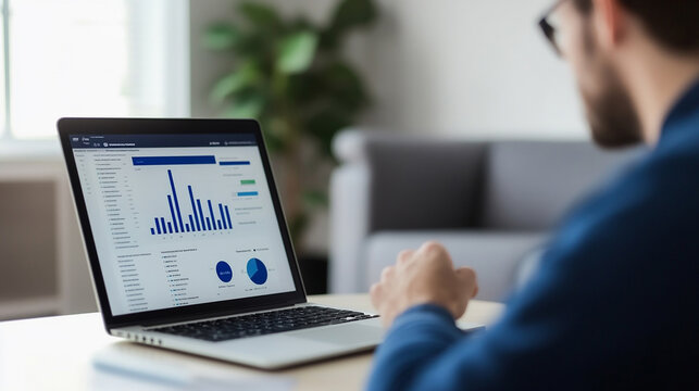 A man is sitting at a table with a laptop open, looking at a graph on the screen. The graph displays data in a bar chart format, with the bars varying in length - Powered by Adobe
