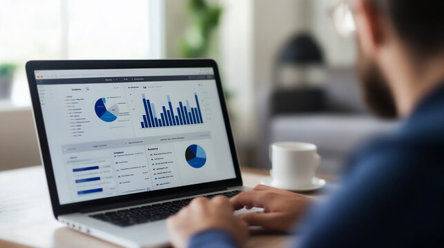 A man is using a laptop to analyze data on a screen. He is wearing glasses and he is focused on the task at hand - Powered by Adobe