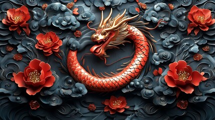 Fototapeta premium Majestic Red Dragon Surrounded by Vibrant Flowers.