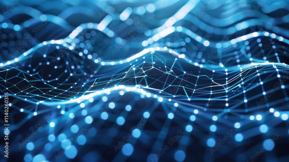 Poster complex network grid is representing big data flowing and connecting through digital cyberspace, cre