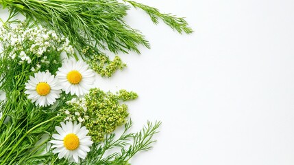 Fresh Daisies and Dill Bouquet on White Background