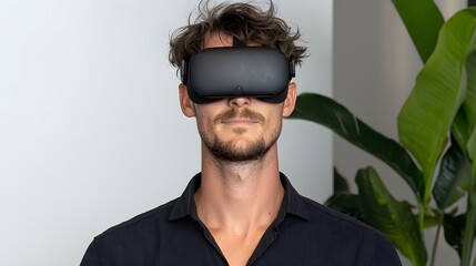 Man experiencing virtual reality with VR headset indoors