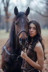 Fototapeta premium Portrait of a young woman and a horse in a serene autumn forest setting, evoking a bond of trust and elegance.