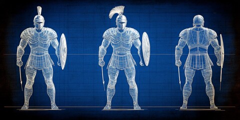 Blueprint-style drawing of ancient warriors in armor with shields and spears, showcasing front, side, and back views, symbolizing strategy, strength, and historical precision.