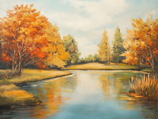 A serene landscape featuring autumn trees reflecting in a calm river under a blue sky.