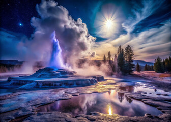 Majestic geyser erupts under serene moonlit sky, surrounded by trees and reflections in water. breathtaking natural landscape at night