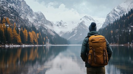 Hiker contemplating a breathtaking mountain lake view in autumn