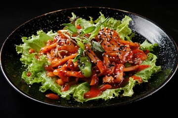 A plate of Galbitang a traditional Korean dish is set against a black backdrop