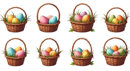 "Colorful Easter Egg Baskets Collection with Grass in Illustrative Style for Holiday Decor and Design"