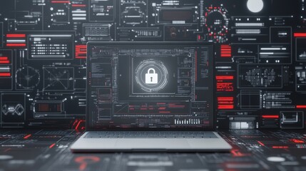 Fototapeta premium Digital Security Concept with Floating Shield and Holographic Lock in Futuristic Cyber Setup - Ultra-Detailed 8K Rendering.