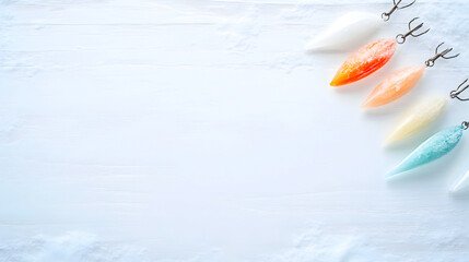 A colorful set of fishing lures with icy textures is displayed on a wooden surface with copy space, perfect for advertising winter fishing gear and for use in seasonal sports catalogs. Selective focus