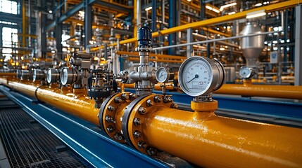 Close-up of refinery pipes with pressure gauges and control valves Stock Photo with side copy space