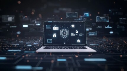 Futuristic Cyber Security Concept with Glowing Holographic Icons on Laptop Screen, Ultra-Detailed 8K Photorealistic Rendering
