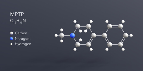 mptp molecule 3d rendering, flat molecular structure with chemical formula and atoms color coding