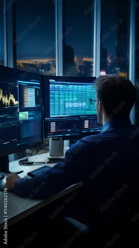 Poster Businessman working late at night in a modern office with a panoramic view of the city, analyzing data and charts on multiple computer screens