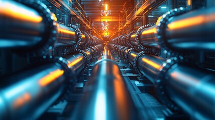 Complex network of steel pipelines at a petroleum industrial facility Stock Photo with side copy space