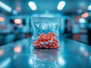 pills in plastic bag, plastic bag with pills on pharmacy countertop, pharmacy countertop