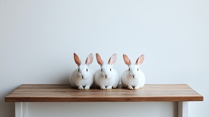 Three White Rabbits Sitting on Wooden Table Against White Wall
