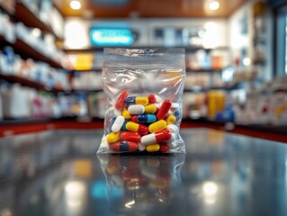 pills in plastic bag, plastic bag with pills on pharmacy countertop, pharmacy countertop