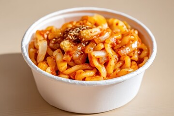 A serving of rabboki a Korean dish of noodles tteokbokki and odeng with spicy sauce is presented in a white paper cup on a beige table