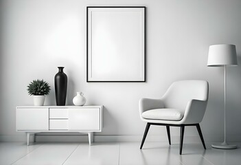 A minimalist living room with a white wall, a black framed empty poster, a white cabinet, and a gray armchair