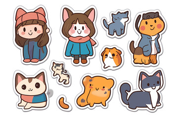 Cute Cartoon Cats and Girl Stickers