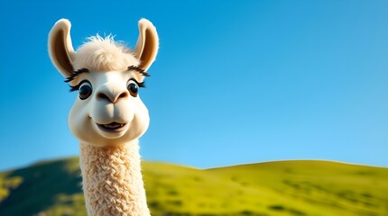 Obraz premium Cartoon llama with a cheerful expression in a sunny landscape