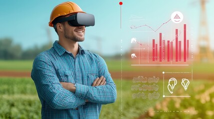 Farmer with VR goggles monitoring chicken activity in a smart farm