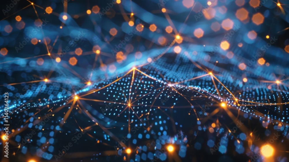 Poster complex network visualizing big data connections features glowing nodes and intricate lines, craftin
