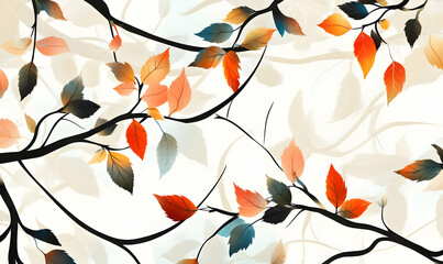 A stylized illustration of branches with colorful autumn leaves against a light background.