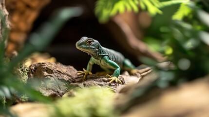 Fototapeta premium Striking green lizard perching on a branch in lush terrarium