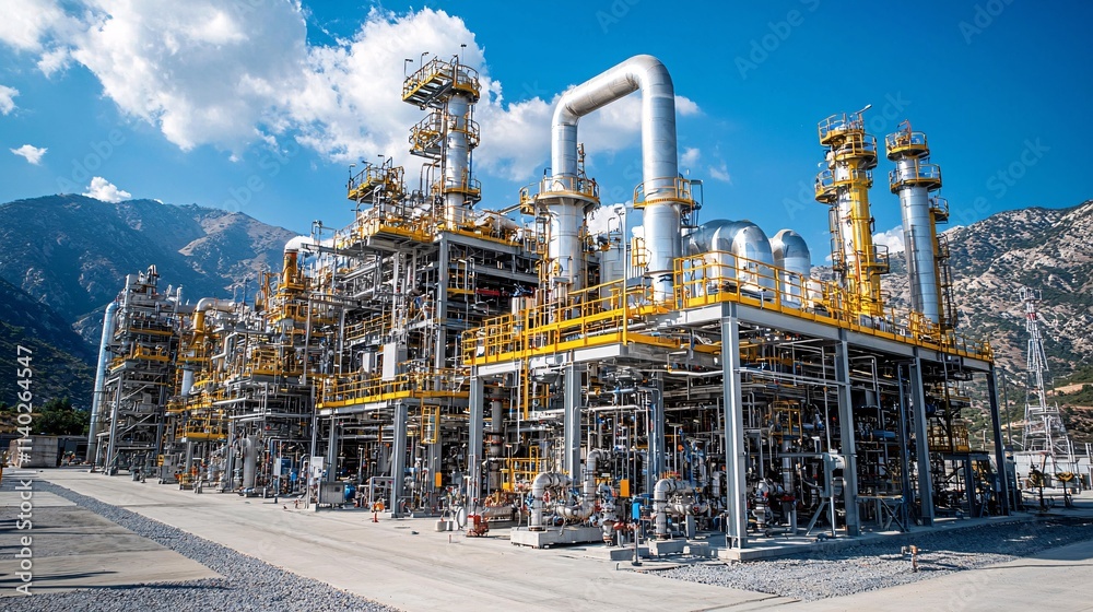 Poster Wide view of pipelines running across a petroleum production facility Stock Photo with side copy space