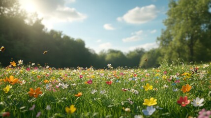 Spring Fantasy: Vibrant Meadow Blanketed in Wildflowers with Butterflies and Bees, Photorealistic Scene