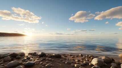 Obraz premium Tranquil Autumn Sunset on Rocky Coastline with Golden Light and Scattered Clouds, Photorealistic View of Peaceful Nature