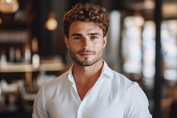 Fototapeta premium Handsome young male entrepreneur smiling in modern office setting