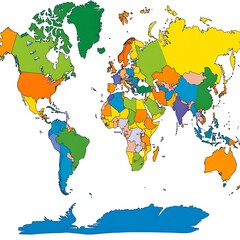 Colorful World Map Illustration with Distinct Regions and Borders