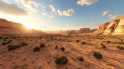 Fototapeta premium Majestic Desert Canyon at Sunset with Golden Light, Red Rock Formations, and Sparse Vegetation in Vibrant Summer Hues, Photorealistic Landscape Scene