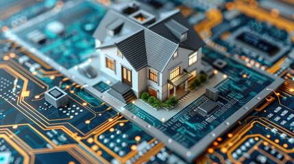 Obraz premium A miniature house sits on a circuit board, symbolizing smart home technology.
